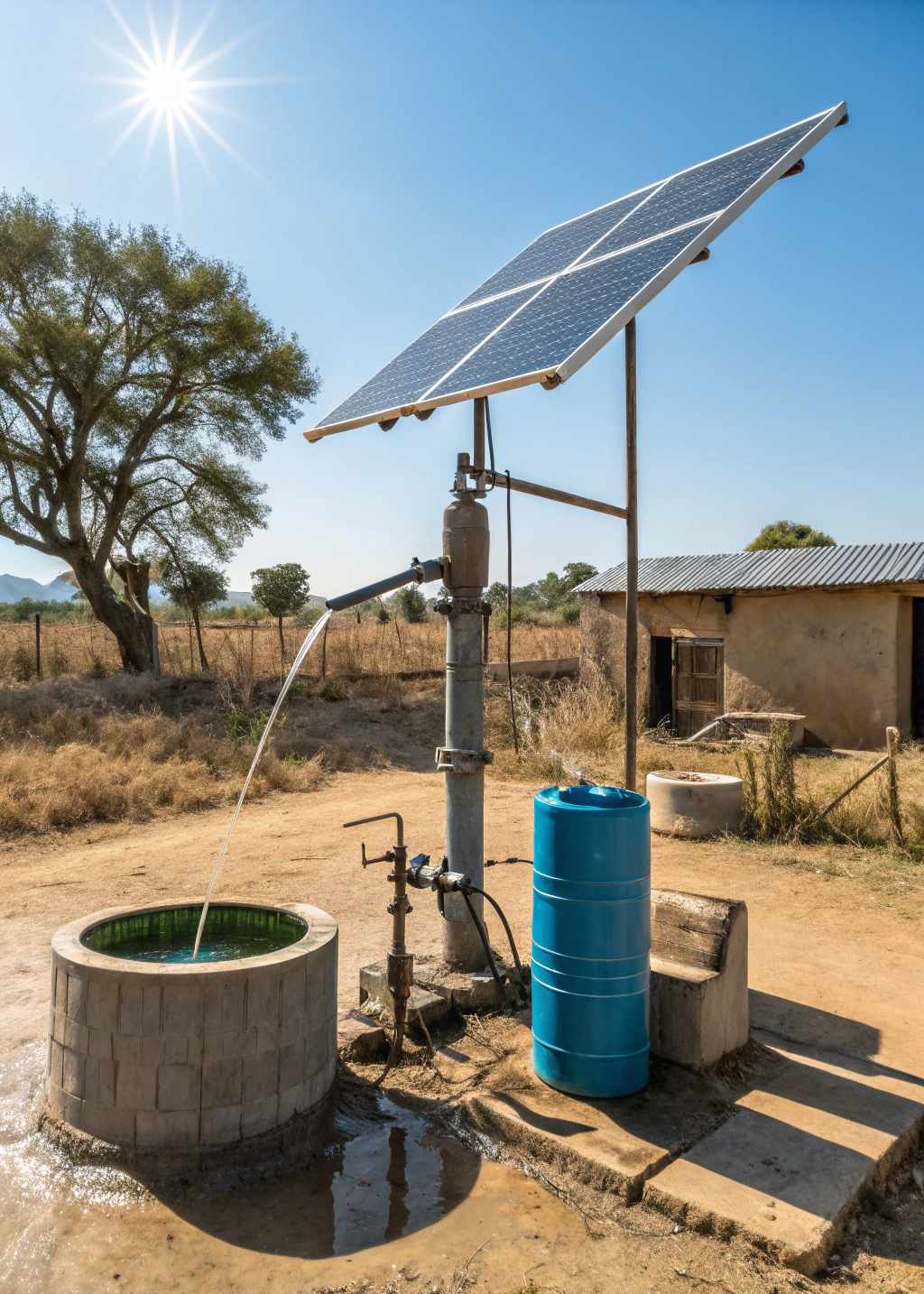Solar pump submerged in murky water with visible sediment