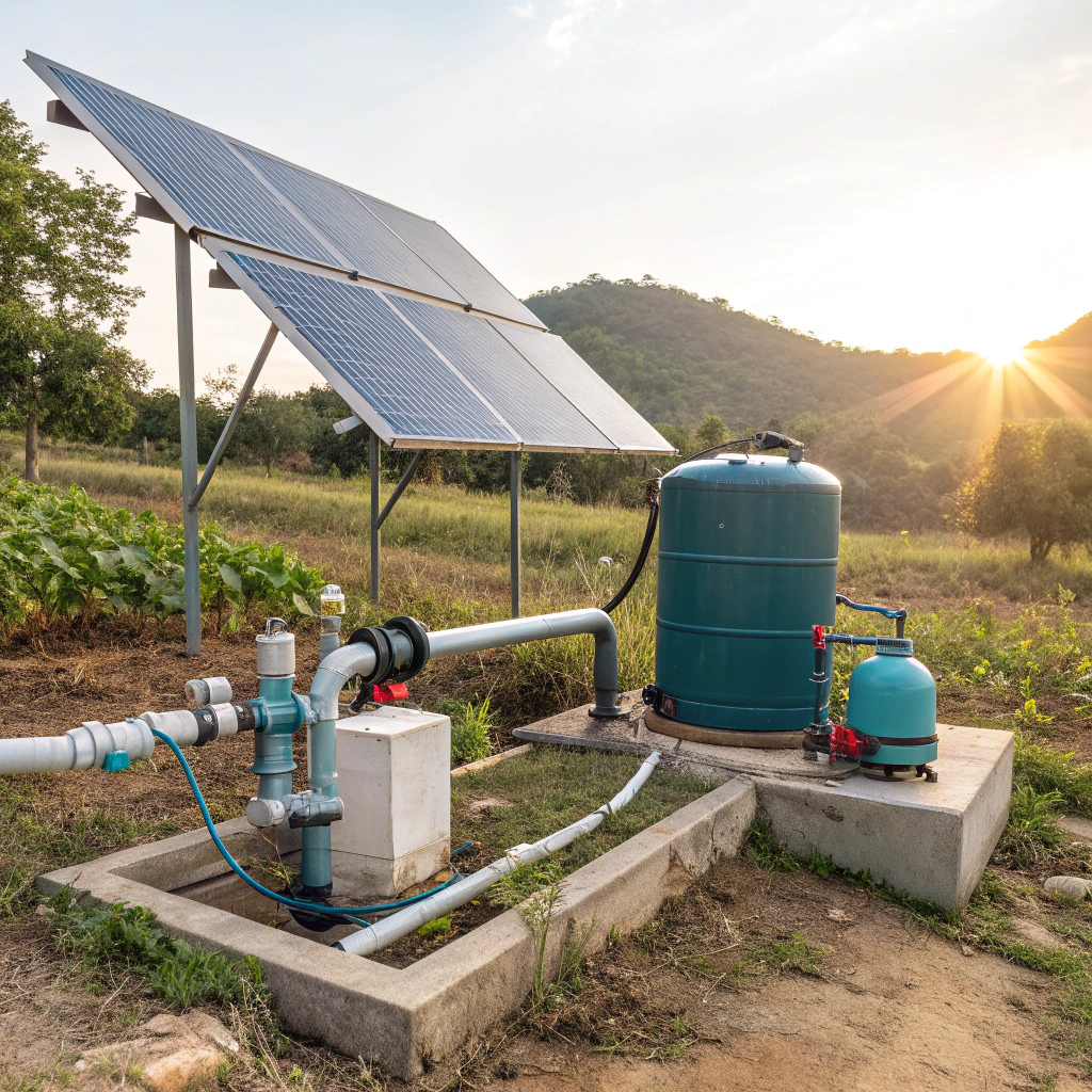 Solar water pump irrigating a green field