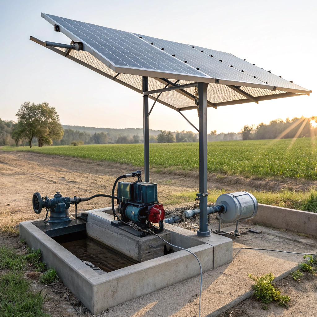 Solar-powered water pump in a rural field