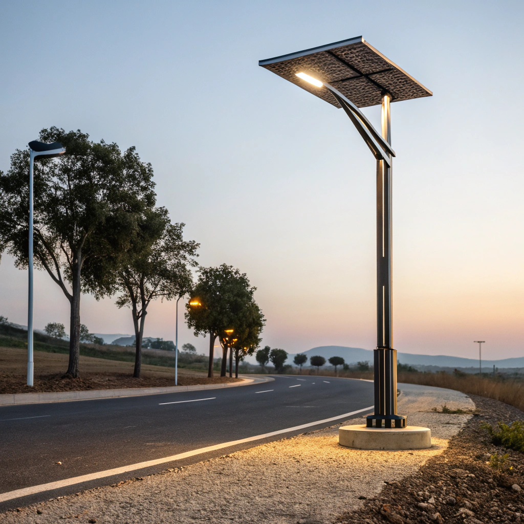[Solar street lights](https://www.engoplanet.com/single-post/the-advantages-of-smart-solar-street-lights-for-public-safety-and-security)[^1] illuminating a modern cityscape