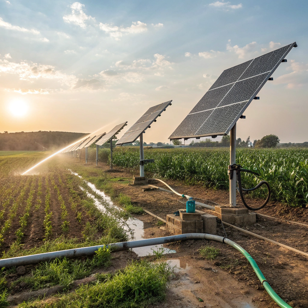 Solar-powered water pump irrigating a field