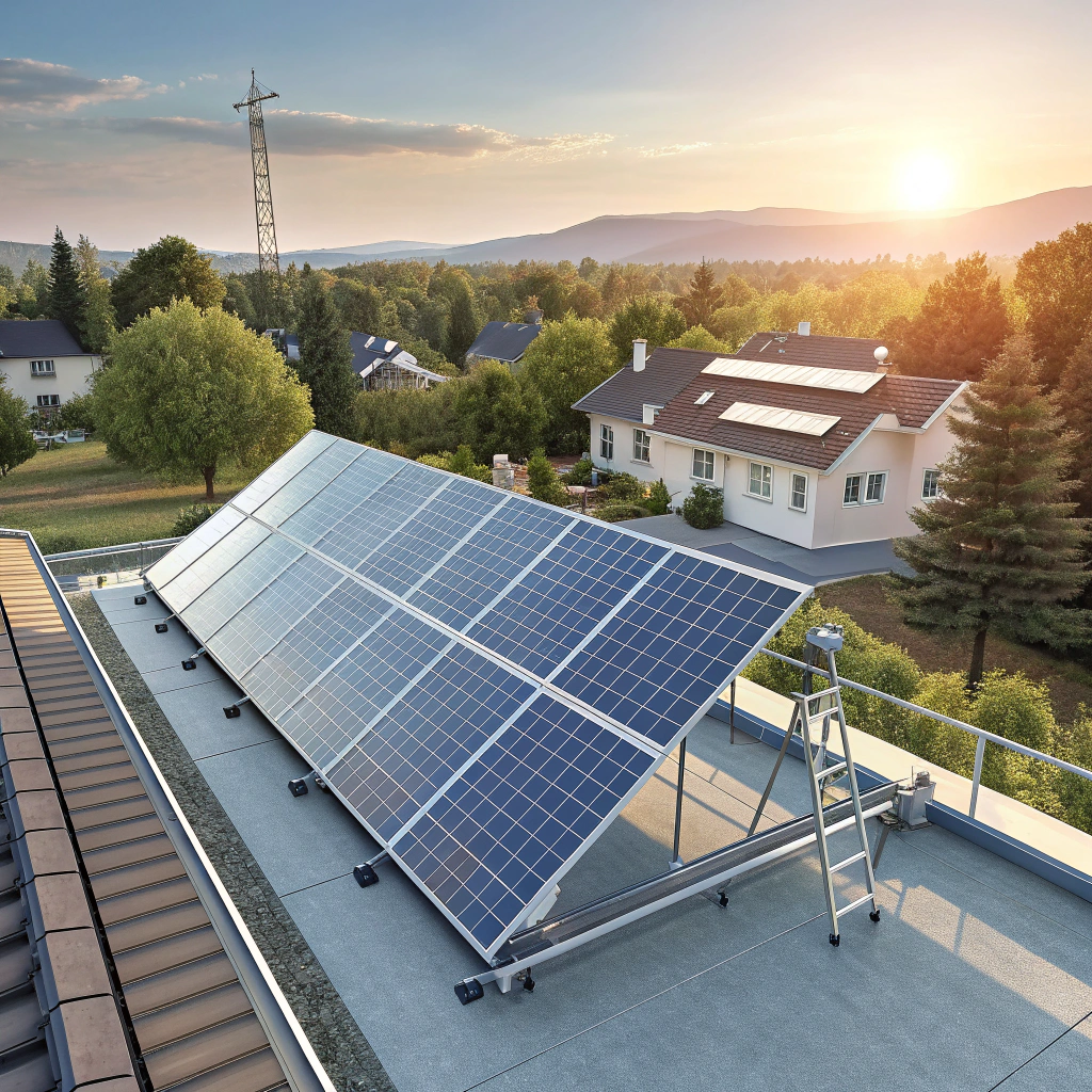 Engineer reviewing solar panel schematics at a commercial site