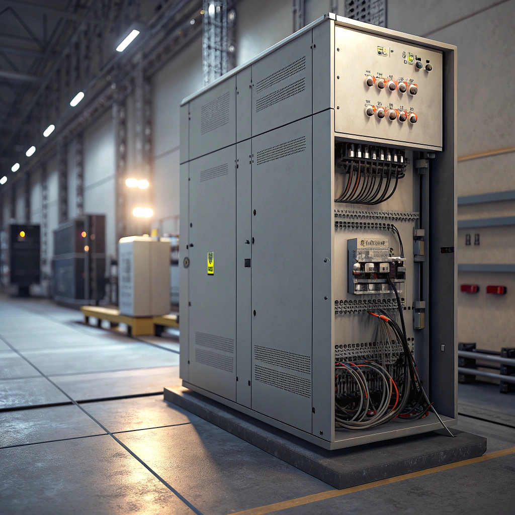 Modern solar inverter with digital display showing performance metrics