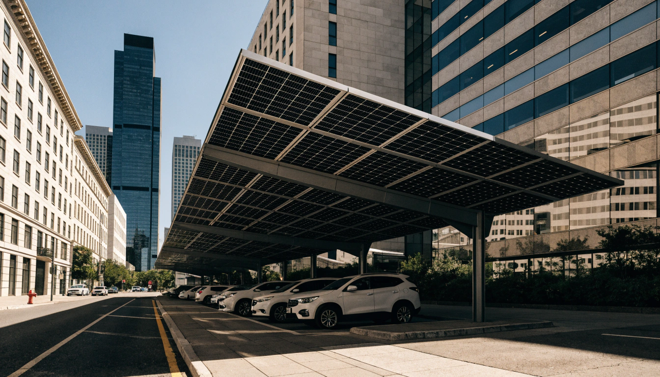 Solar carport installation in a commercial parking lot
